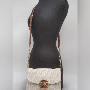 Michael Kors Signature Cream/Brown Coated Canvas Fulton Logo Crossbody Purse